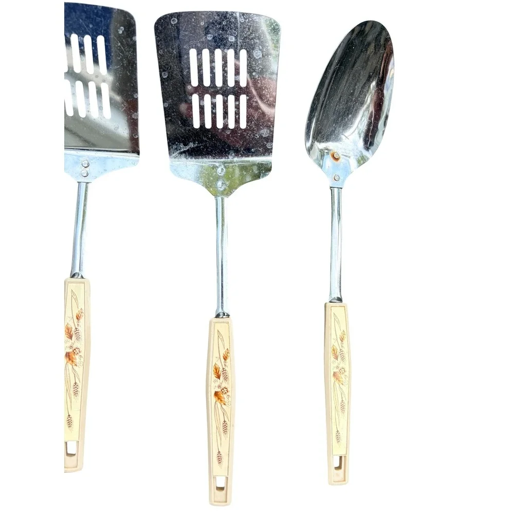 Vintage 4pc Kitchen EKCO Utensil Set Wheat Stainless Steel Ladle Spatula Spoon